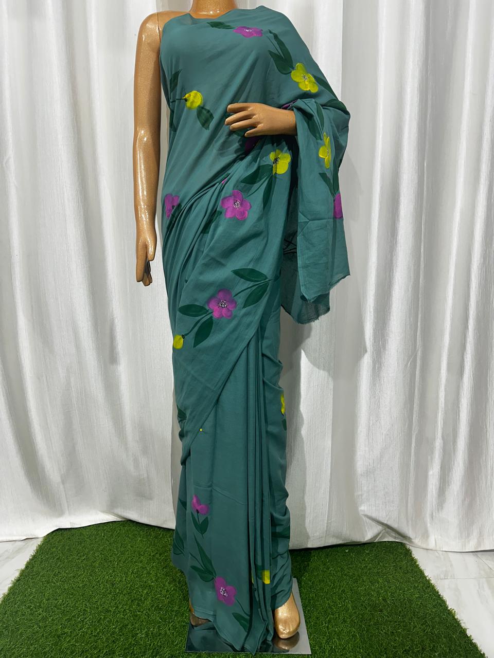 Painted via Hand Brush Cotton Saree With Blouse Piece