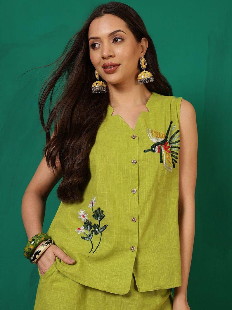 Lime Green Hand Embroidered Women Co Ord Set