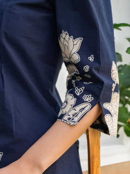 Blue Floral Print Cotton Women Co Ord Set