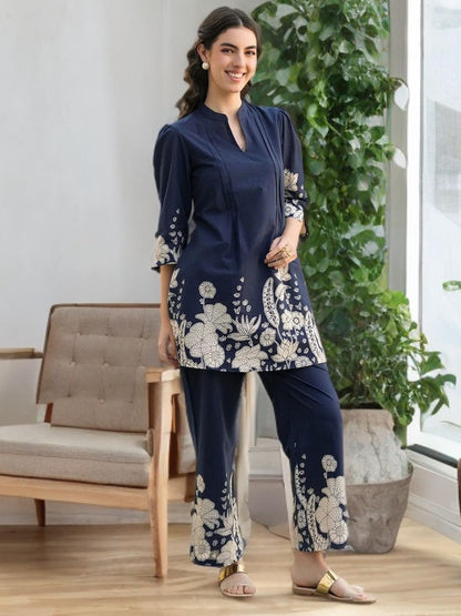 Blue Floral Print Cotton Women Co Ord Set