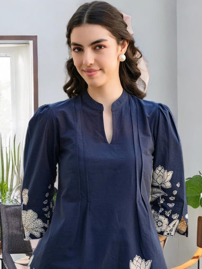 Blue Floral Print Cotton Women Co Ord Set