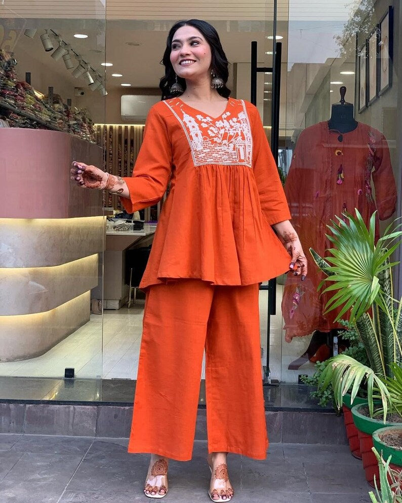 Orange Embroidered Cotton Kurta Pant Set For Women