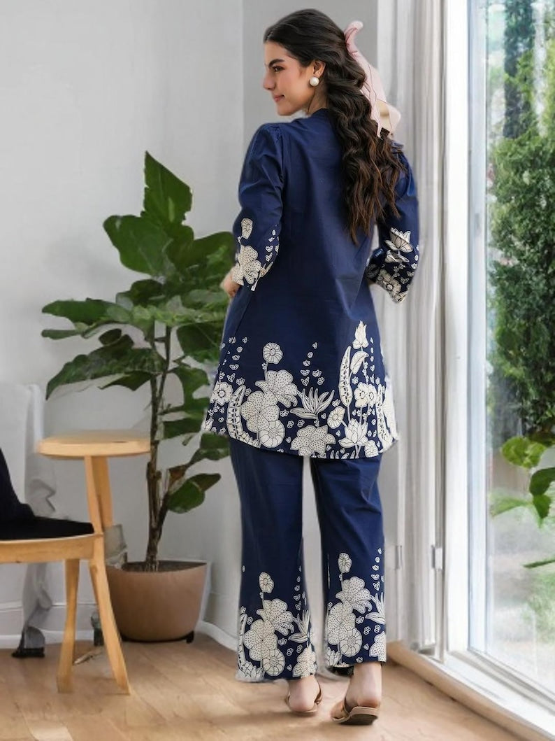 Blue Floral Print Cotton Women Co Ord Set