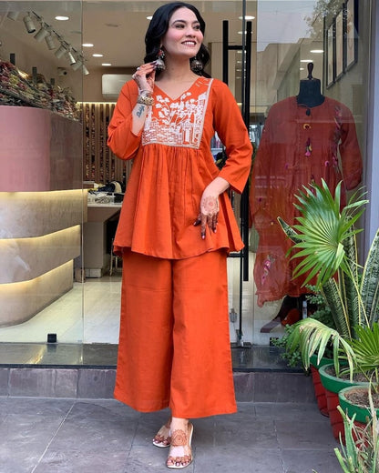 Orange Embroidered Cotton Kurta Pant Set For Women