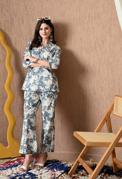 Grey Printed Cotton Co Ord Set For Women
