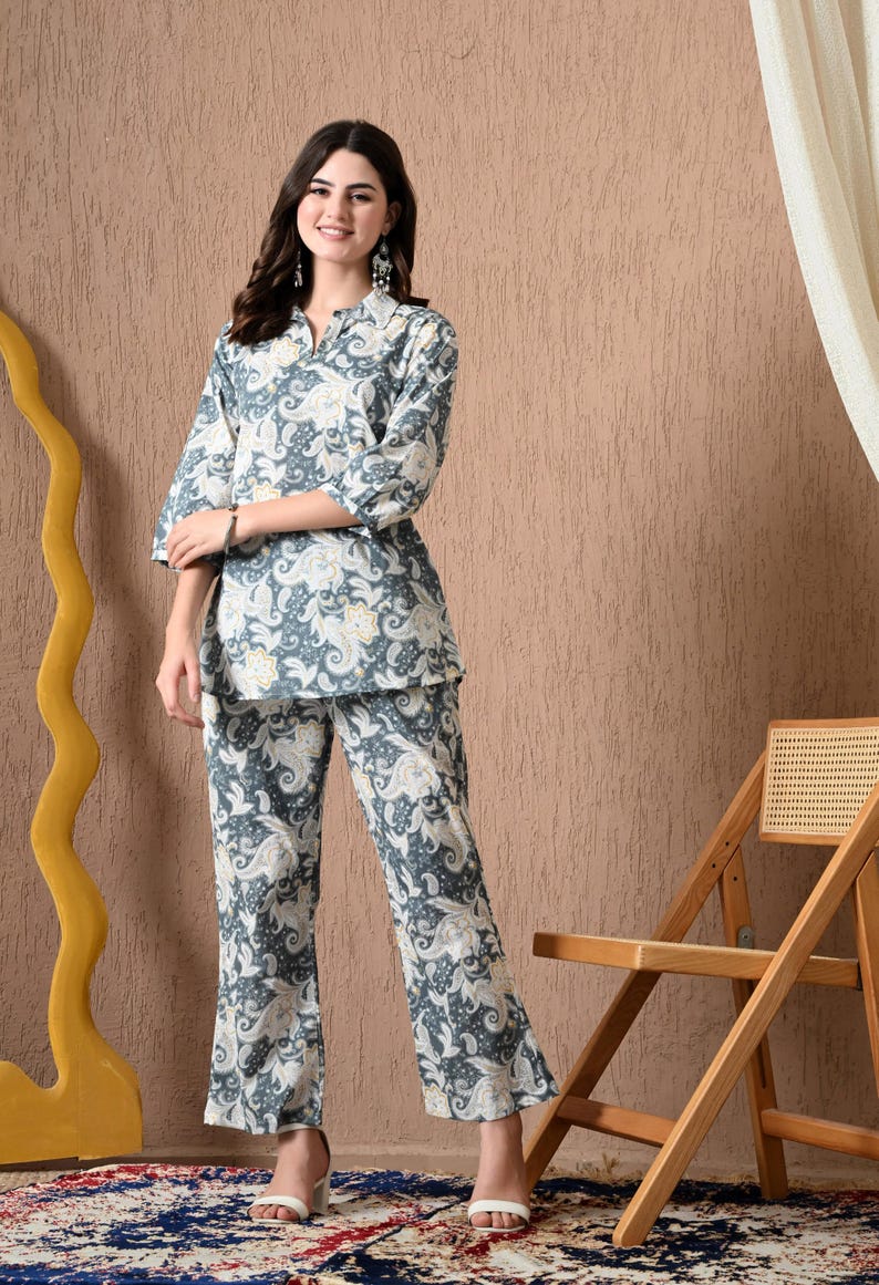 Grey Printed Cotton Co Ord Set For Women