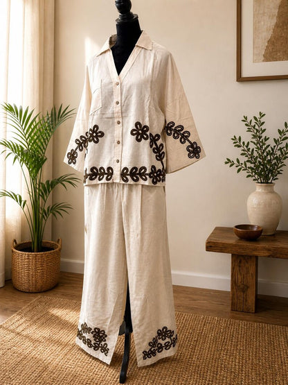 Hand Embroidered Cotton Co Ord Set Beige