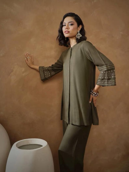 Olive Green Women Co Ord Set Gold Embroidered Tunic