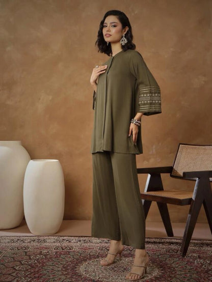 Olive Green Women Co Ord Set Gold Embroidered Tunic