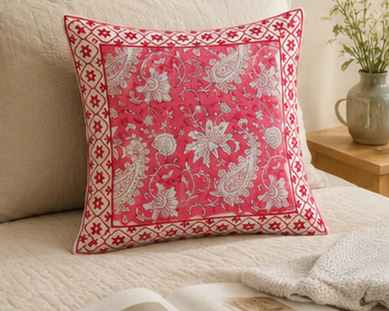 Handmade Pink Block Print Cushion Cover