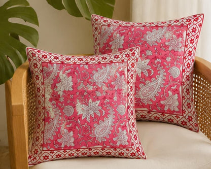 Handmade Pink Block Print Cushion Cover