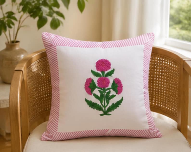 Traditional Pink Hand Block Cotton Cushion Cover