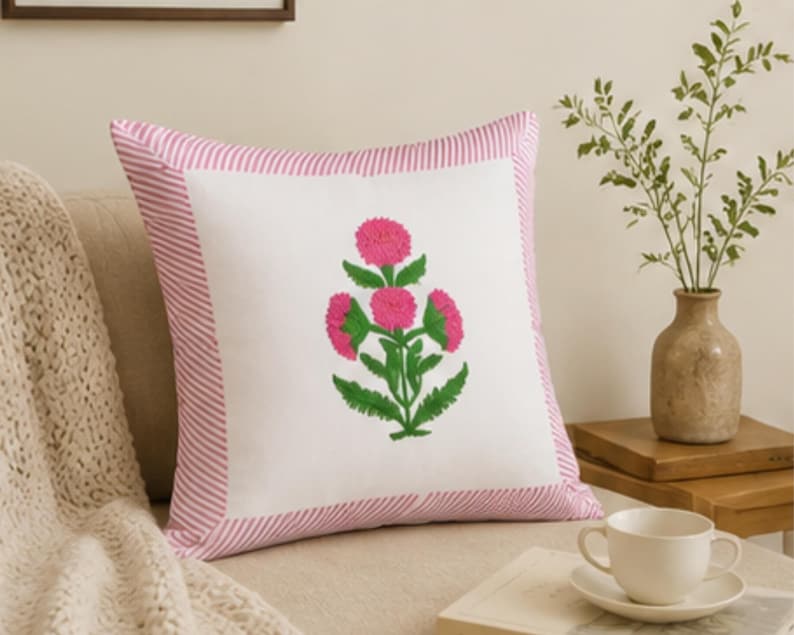 Traditional Pink Hand Block Cotton Cushion Cover
