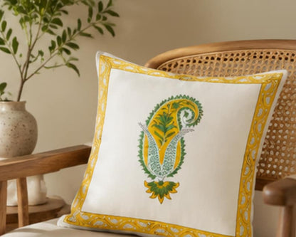 Yellow Paisley Block Print Traditional Indian Cushion Cover