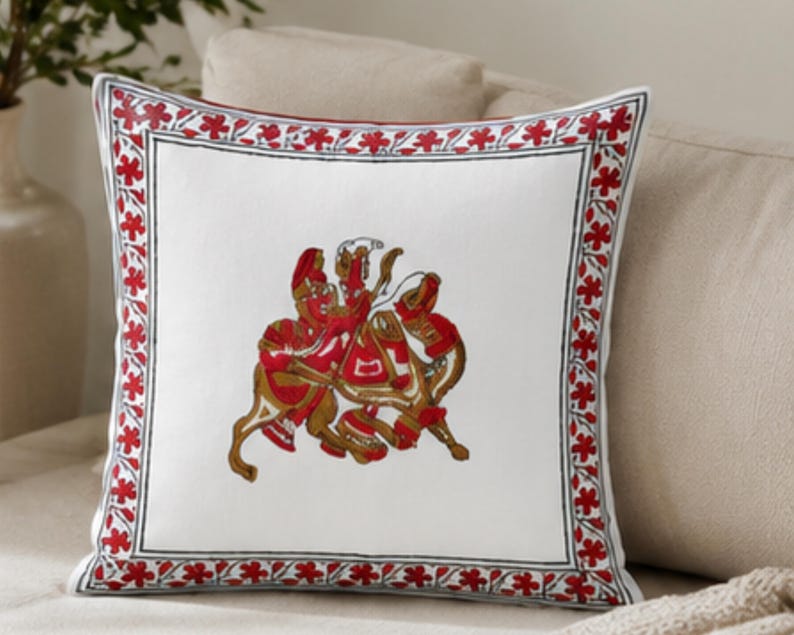 Rajasthani Horse Rider Cotton Handmade Cushion Cover