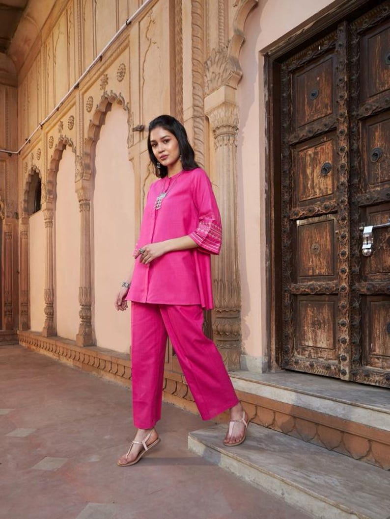 Fuchsia Women Co Ord Set Gold Embroidered