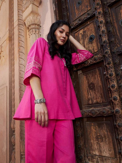 Fuchsia Women Co Ord Set Gold Embroidered