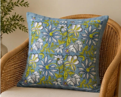 Blue Block Print Cotton Handmade Sofa Cushion Cover