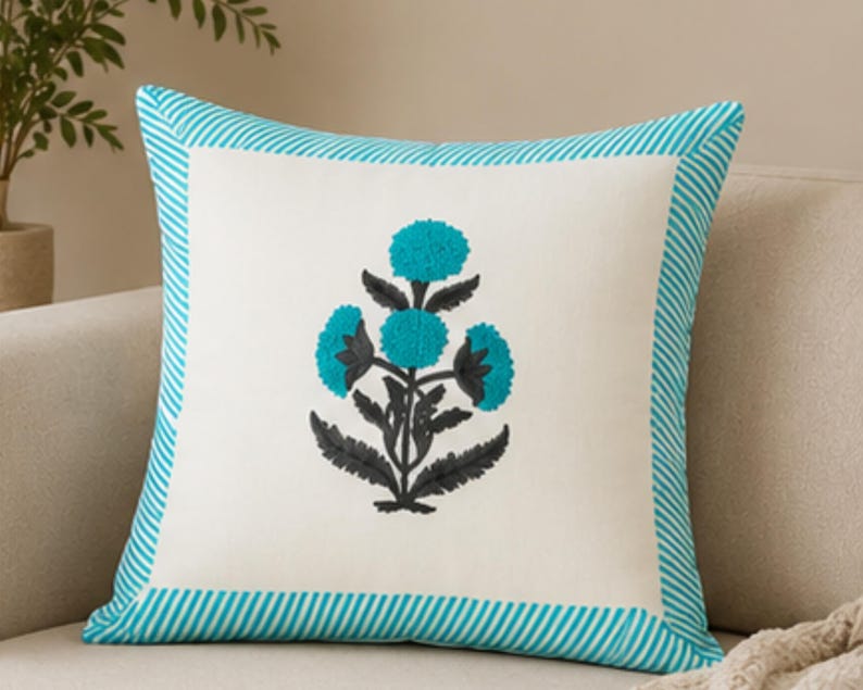Turquoise Floral Block Print Cotton Home Décor Cushion Cover