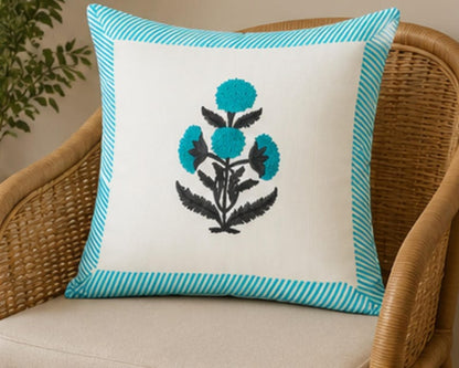 Turquoise Floral Block Print Cotton Home Décor Cushion Cover