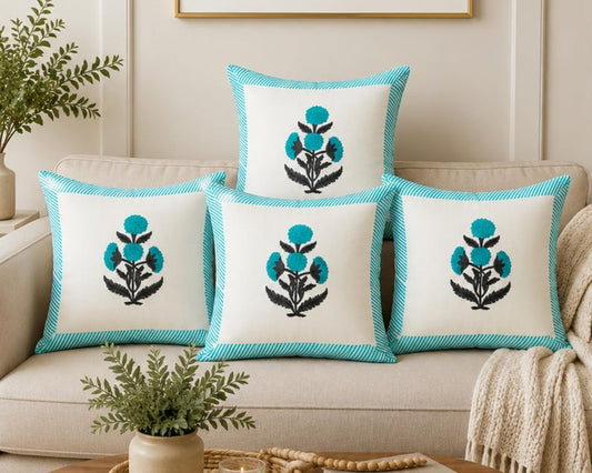 Turquoise Floral Block Print Cotton Home Décor Cushion Cover