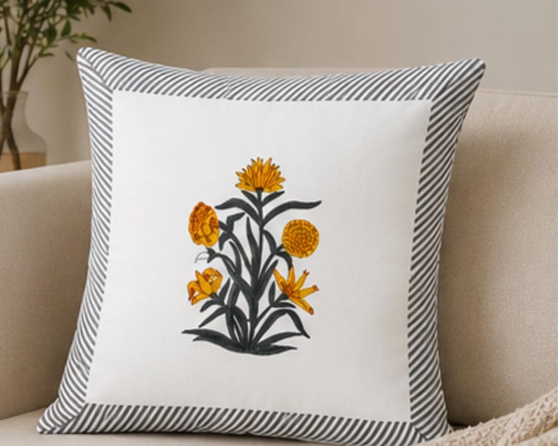 Yellow Hand Block Print Floral Jaipuri Style Cushion Cover