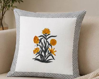 Yellow Hand Block Print Floral Jaipuri Style Cushion Cover