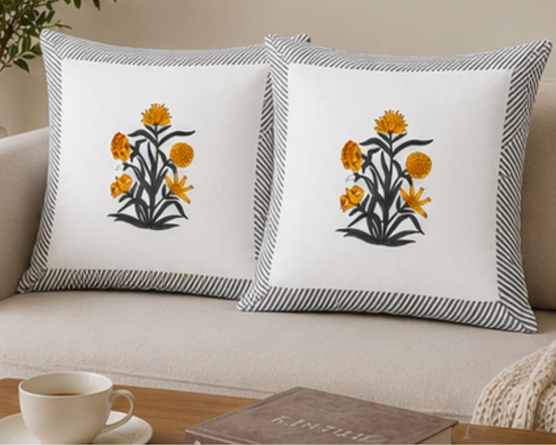 Yellow Hand Block Print Floral Jaipuri Style Cushion Cover