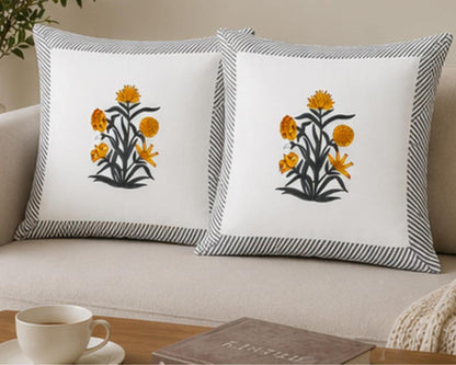 Yellow Hand Block Print Floral Jaipuri Style Cushion Cover