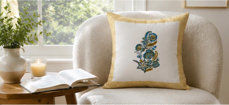 Embroidered Paisley Hand Block Print Hand Block Cushion Cover