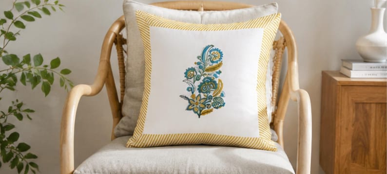 Embroidered Paisley Hand Block Print Hand Block Cushion Cover