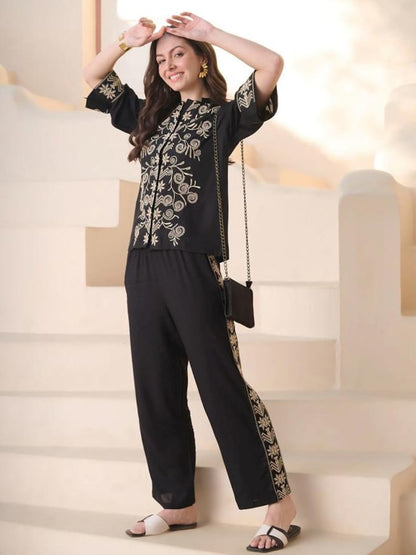 Black Embroidered Co Ord Set Mandarin Collar