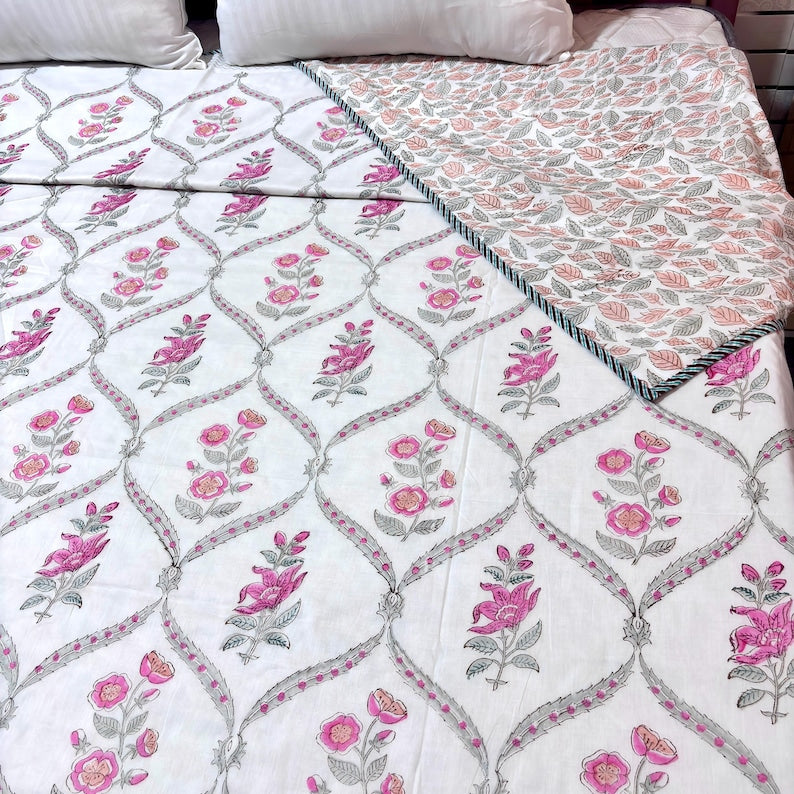 Pink Floral Reversible Summer Cotton Dohar Blanket
