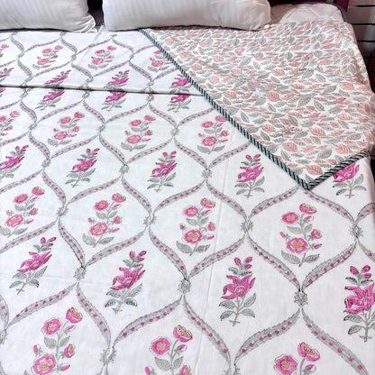Pink Floral Reversible Summer Cotton Dohar Blanket