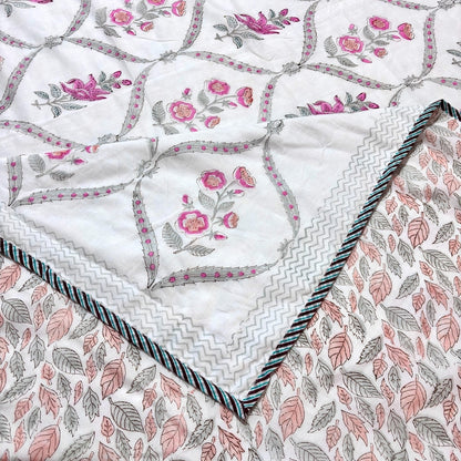 Pink Floral Reversible Summer Cotton Dohar Blanket