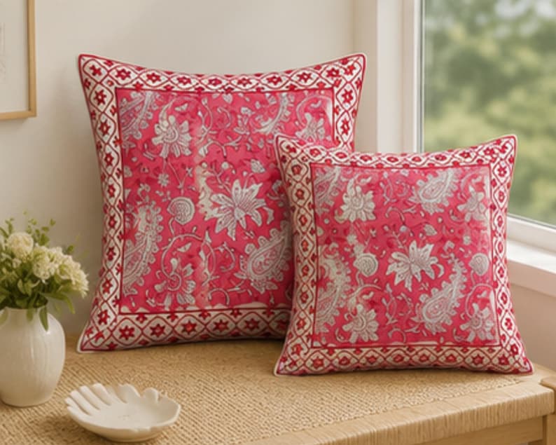 Handmade Pink Block Print Cushion Cover