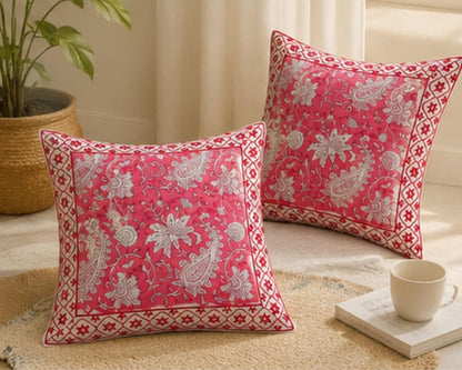 Handmade Pink Block Print Cushion Cover
