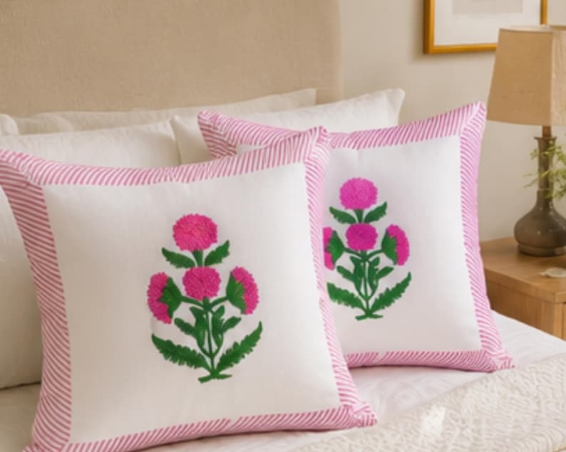 Traditional Pink Hand Block Cotton Cushion Cover