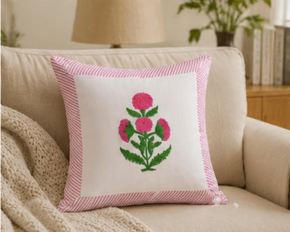 Traditional Pink Hand Block Cotton Cushion Cover