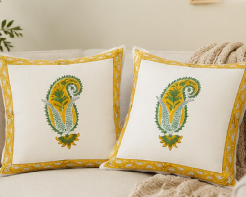 Yellow Paisley Block Print Traditional Indian Cushion Cover