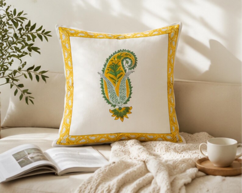 Yellow Paisley Block Print Traditional Indian Cushion Cover