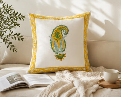 Yellow Paisley Block Print Traditional Indian Cushion Cover