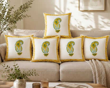 Yellow Paisley Block Print Traditional Indian Cushion Cover