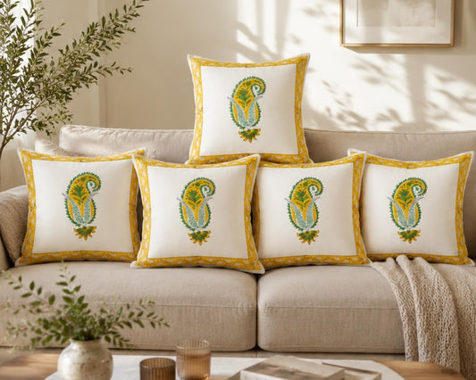 Yellow Paisley Block Print Traditional Indian Cushion Cover