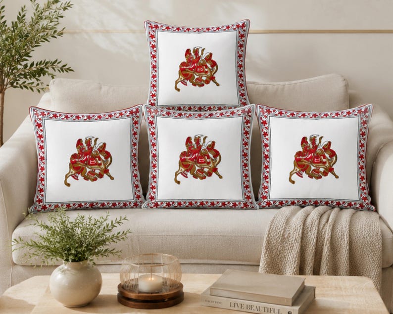 Rajasthani Horse Rider Cotton Handmade Cushion Cover