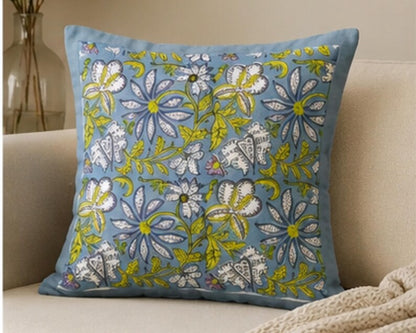 Blue Block Print Cotton Handmade Sofa Cushion Cover