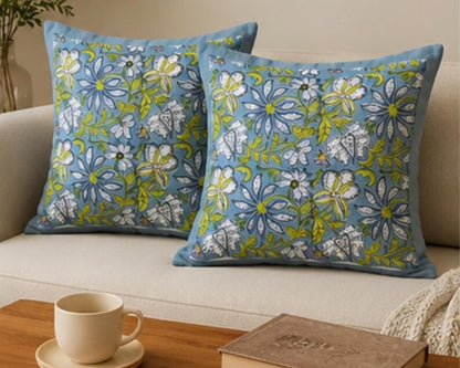 Blue Block Print Cotton Handmade Sofa Cushion Cover