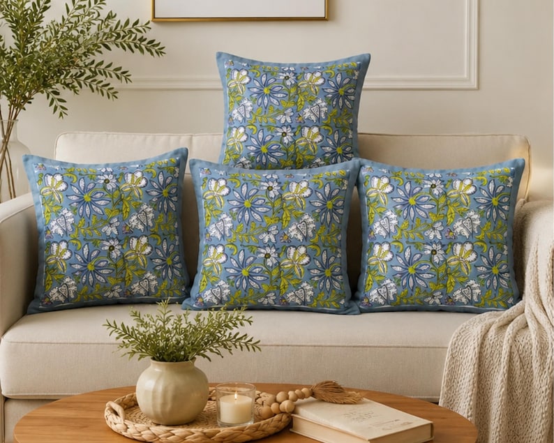 Blue Block Print Cotton Handmade Sofa Cushion Cover