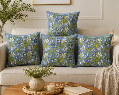 Blue Block Print Cotton Handmade Sofa Cushion Cover