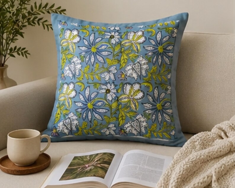Blue Block Print Cotton Handmade Sofa Cushion Cover